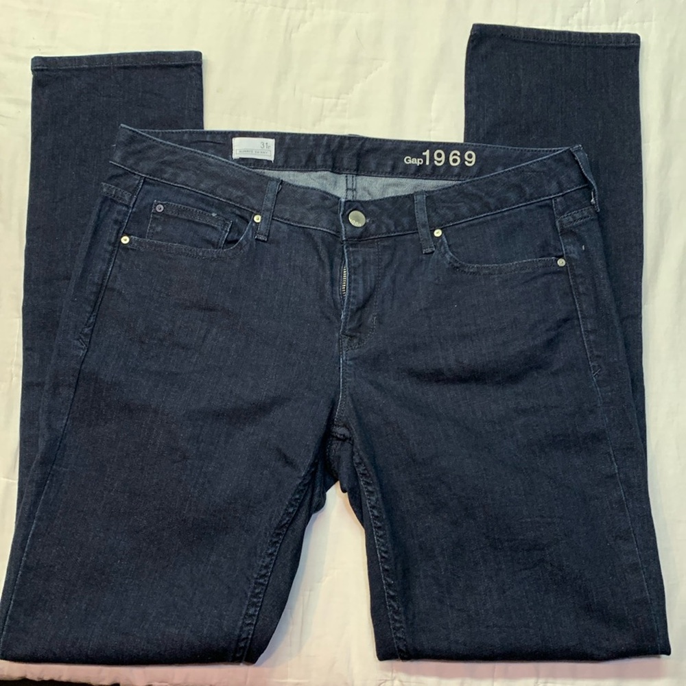 Gap 1969 Dark Wash Mid-Rise Stretch Denim Jeans | Straight Skinny Fit 31R - Picture 1 of 7